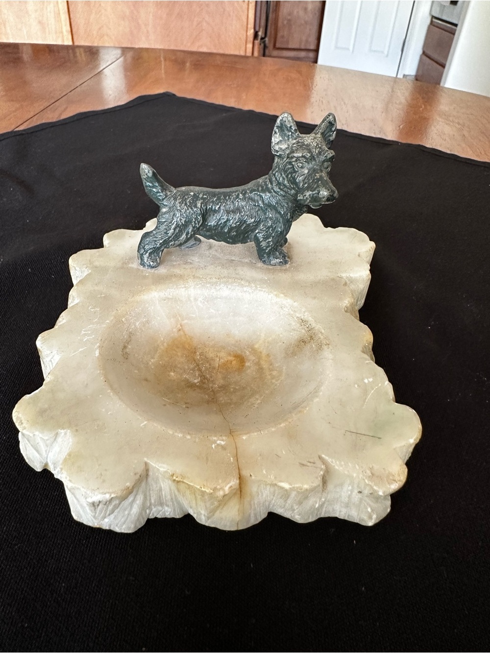 Antique Cast Metal Scottie Dog Ashtray on Cream Marble Base made in Italy
